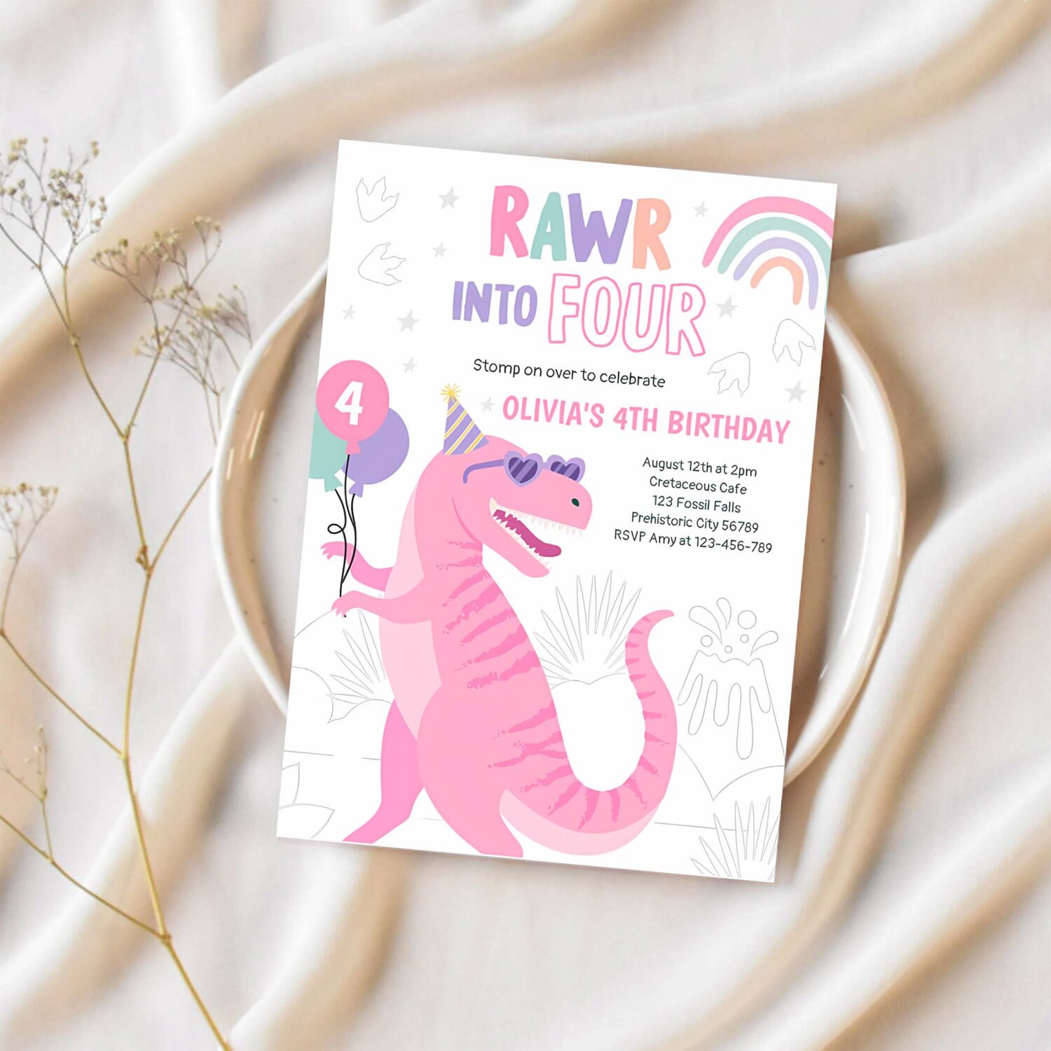 Roar into four t rex dinosaur 4th birthday party invitation g27e 1