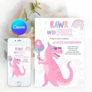 T-Rex Invitation, Roar Into Four T-Rex Dinosaur 4th Birthday Party Invitation