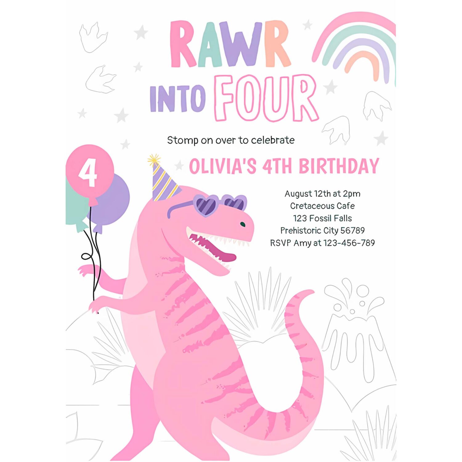 Roar into four t rex dinosaur 4th birthday party invitation g27e 4