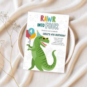 Roar into four t rex dinosaur 4th birthday party invitation r54i 1