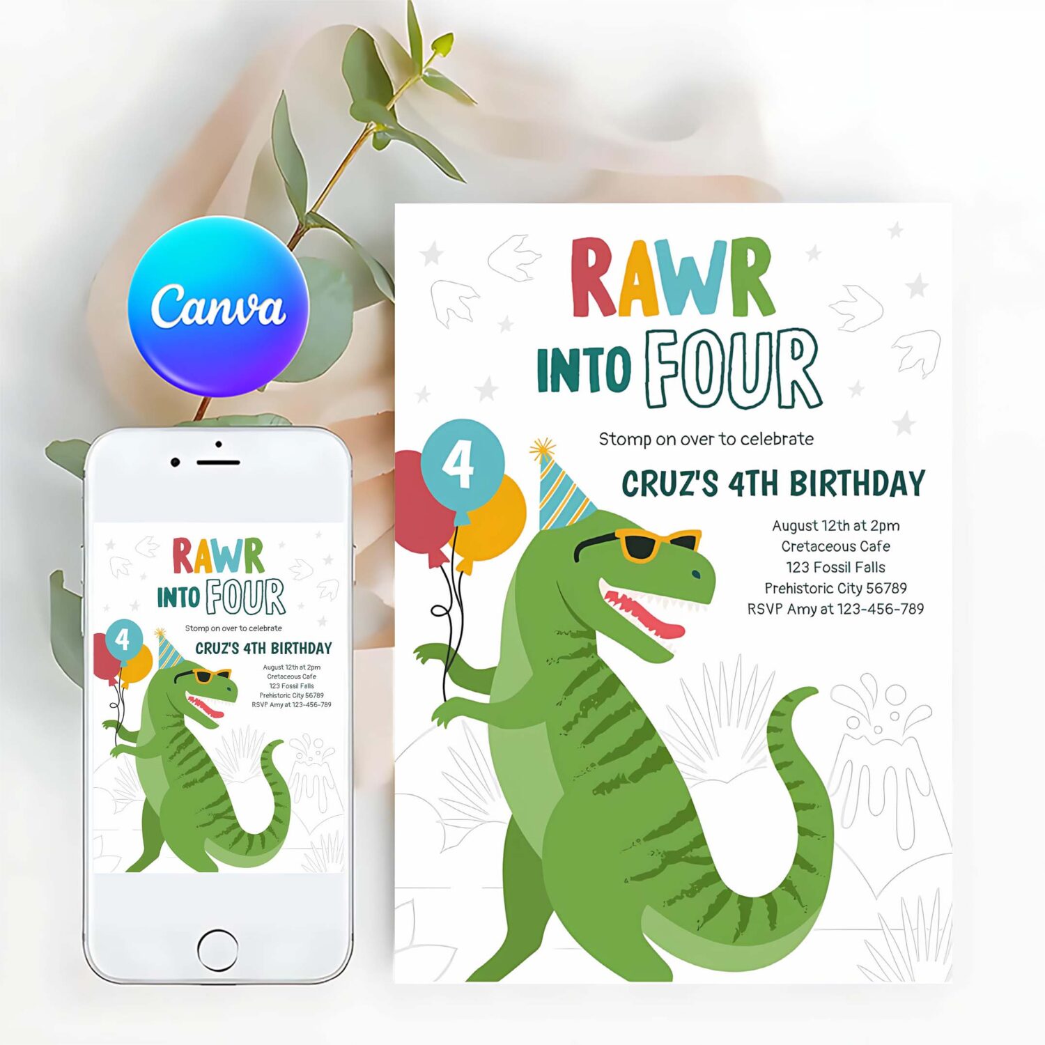Roar into four t rex dinosaur 4th birthday party invitation r54i
