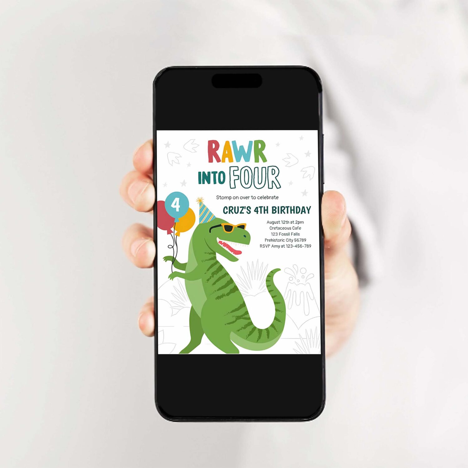Roar into four t rex dinosaur 4th birthday party invitation r54i 2