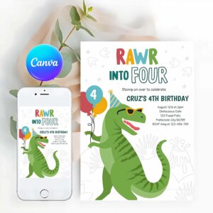 T-Rex Invitation, Roar Into Four T-Rex Dinosaur 4th Birthday Party Invitation