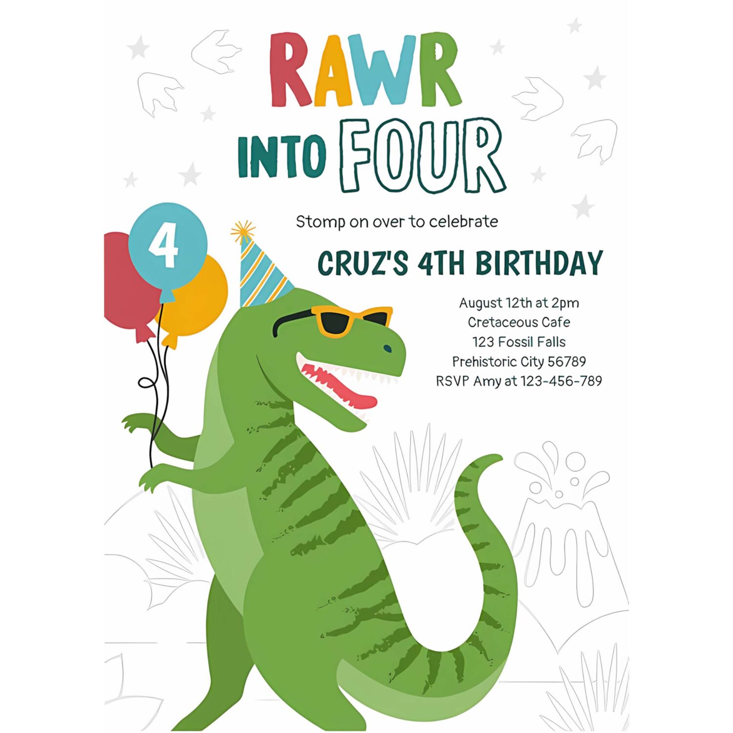 Roar into four t rex dinosaur 4th birthday party invitation r54i 4