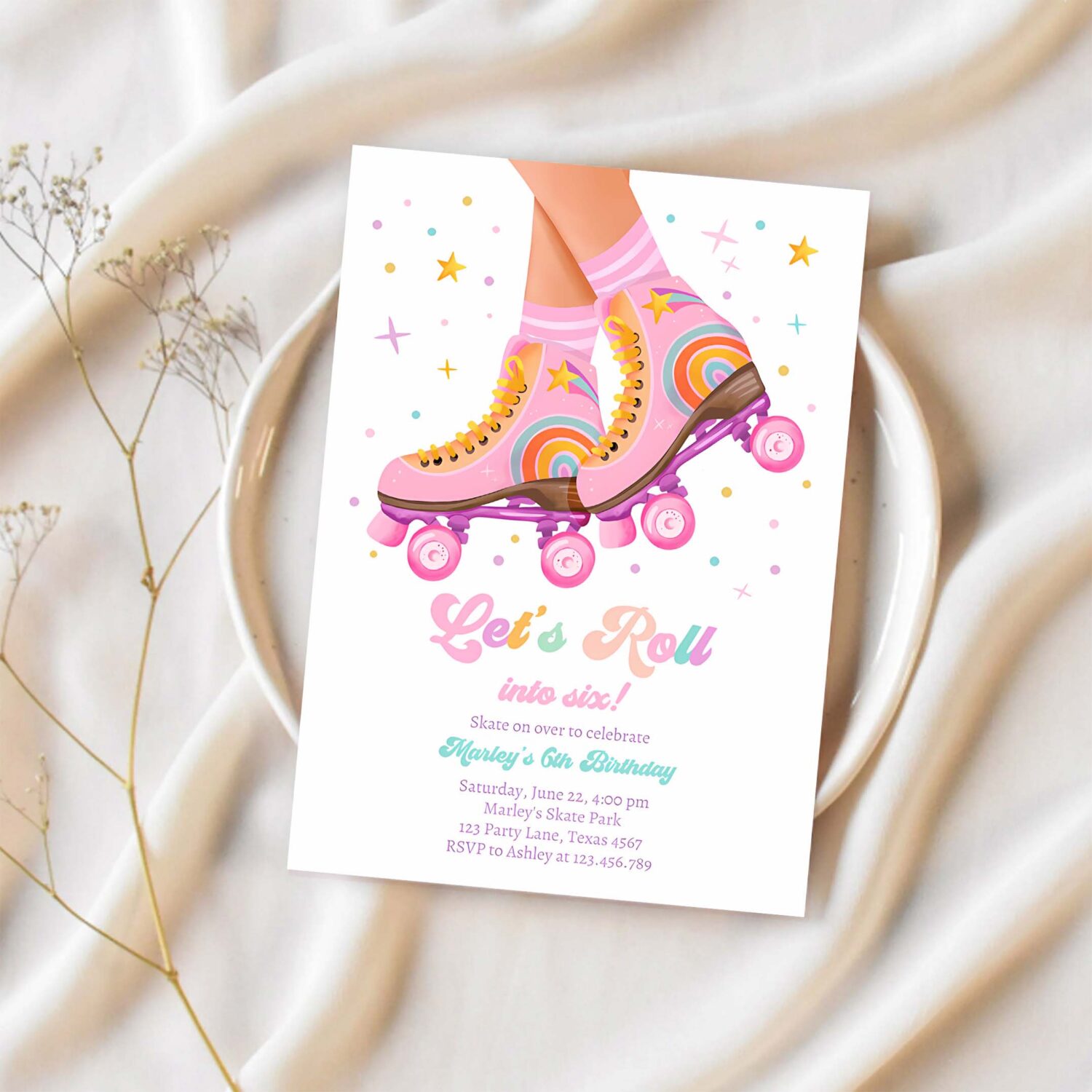 Roller skate birthday party invitation lets roll skating kids rainbow rollerblade pink invite 1