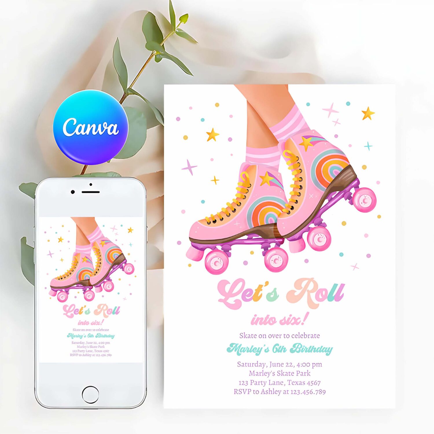 Roller skate birthday party invitation lets roll skating kids rainbow rollerblade pink invite