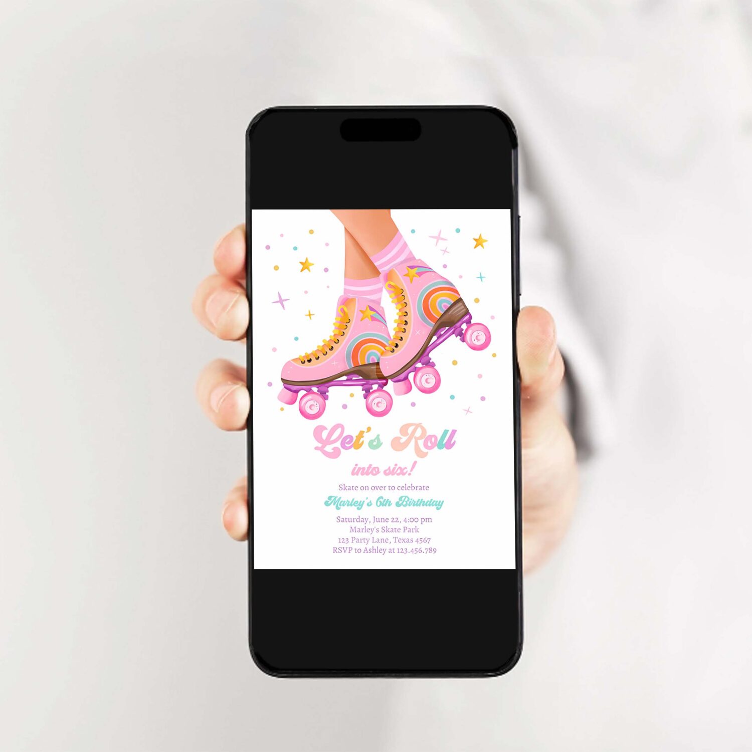 Roller skate birthday party invitation lets roll skating kids rainbow rollerblade pink invite 2