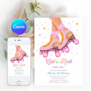 Ice Skating Invitation, Roller Skate Birthday Party Invitation, Let's Roll Skating Kids Rainbow Rollerblade Pink Invite