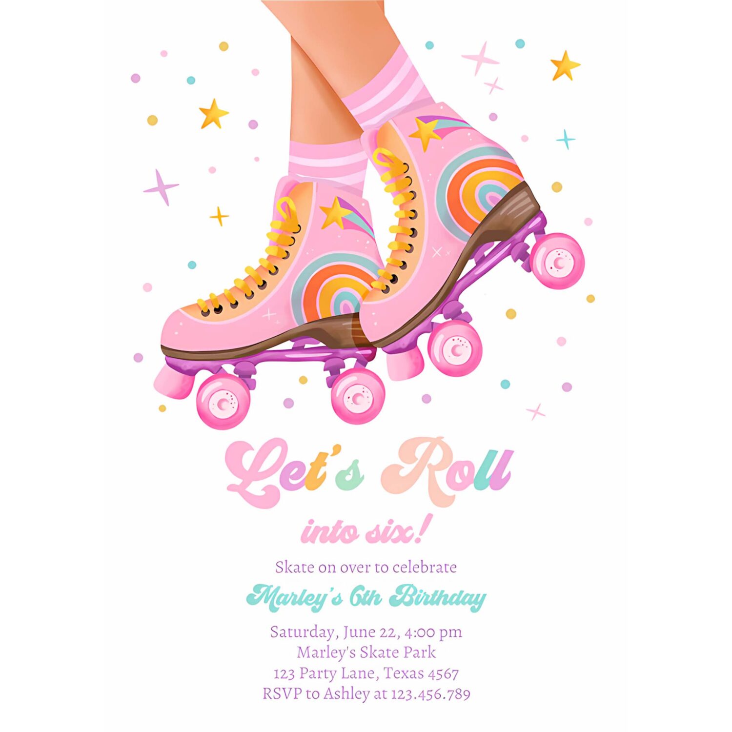 Roller skate birthday party invitation lets roll skating kids rainbow rollerblade pink invite 4