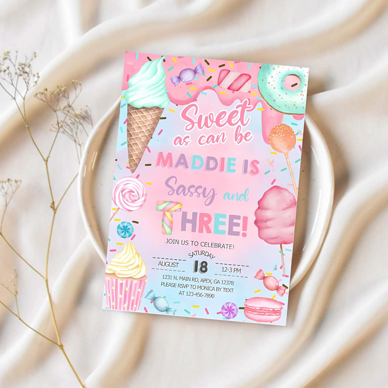 Sweet as can be girl sassy and three 3rd third birthday invitation 1