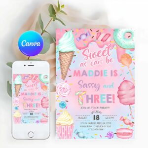 Sweet One Invitation, SWEET As Can Be Girl Sassy And Three 3rd Third Birthday Invitation