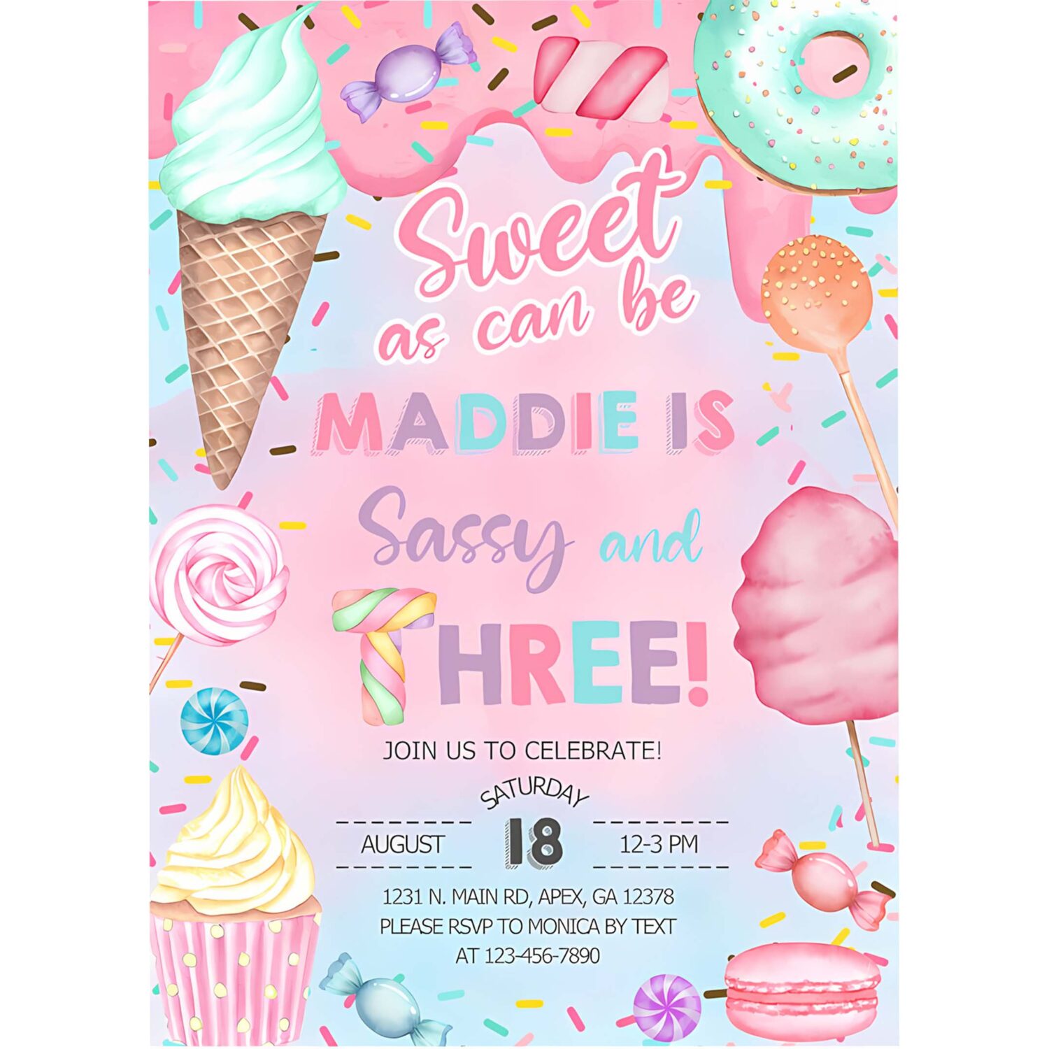Sweet as can be girl sassy and three 3rd third birthday invitation 4