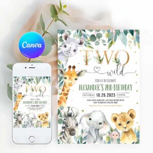 Two Wild Invitation, Safari Birthday Invitation, Two Wild Birthday Invite, 2nd Gold Jungle Animals Invitation