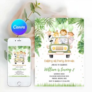 Wild One Invitation, Safari Birthday Invitation, Wild One 1st Birthday Invite, Jungle Animals Invitations