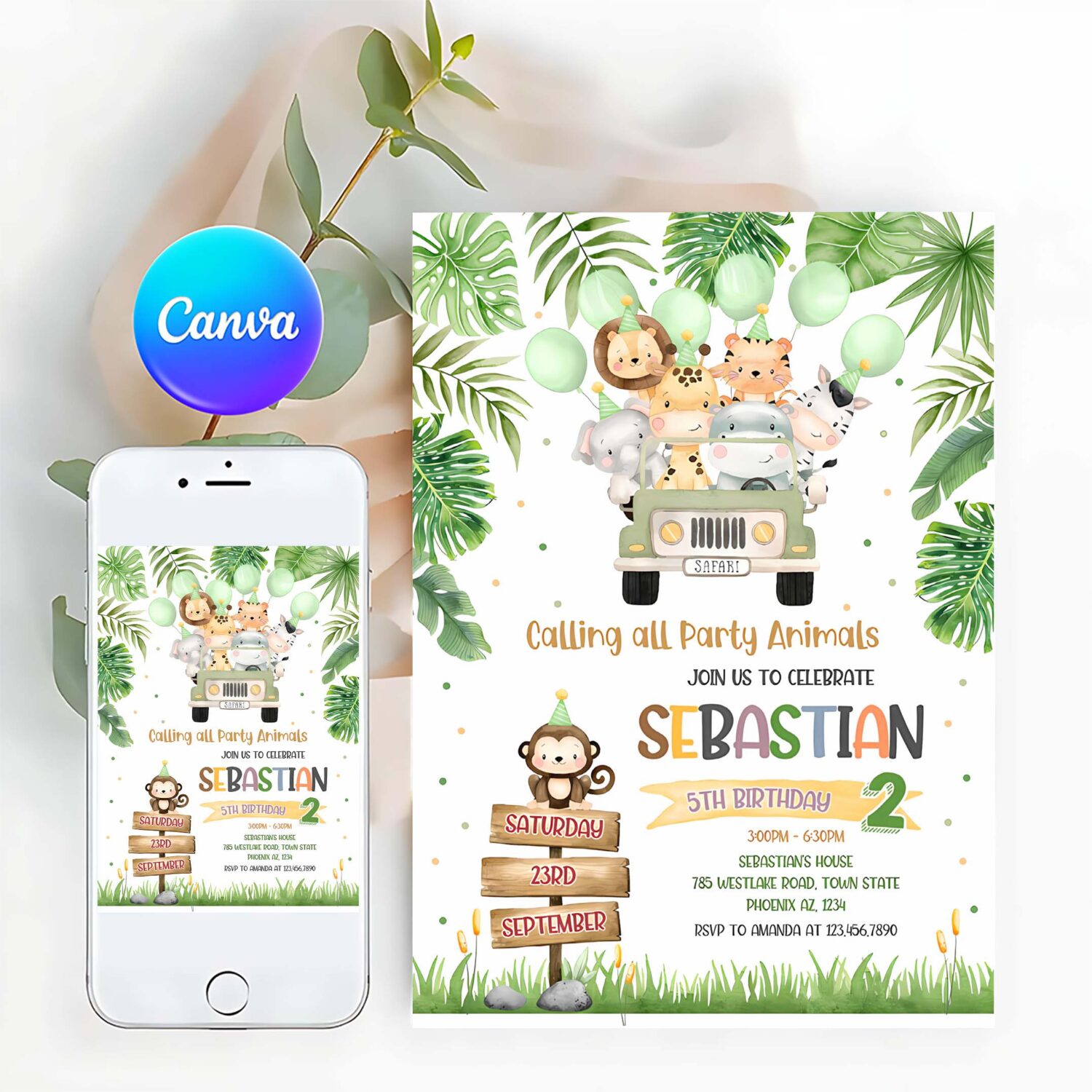 Safari birthday invitation wild one first birthday invite jungle animals invitations