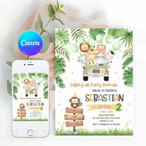 Wild One Invitation, Safari Birthday Invitation, Wild One First Birthday Invite, Jungle Animals Invitations