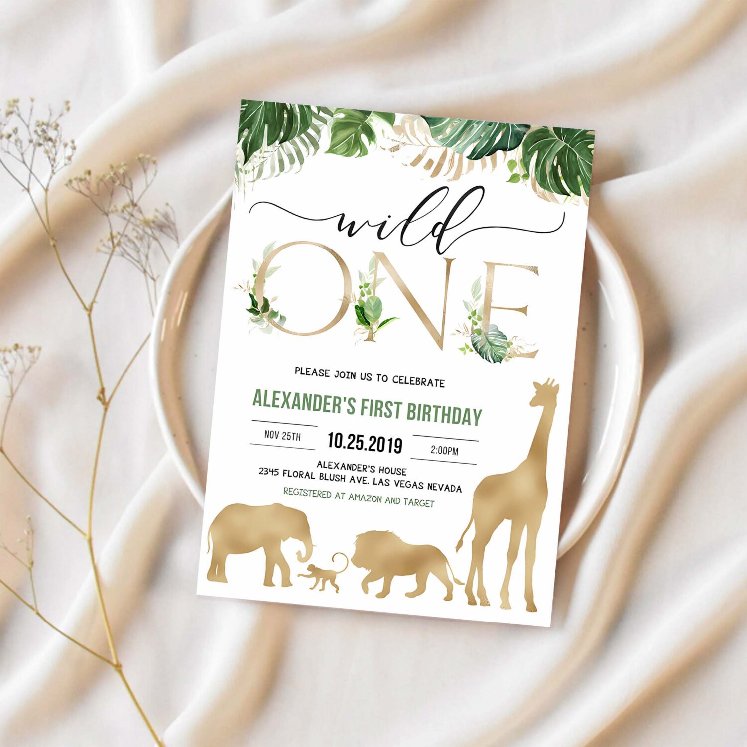 Safari gold birthday invitation editable jungle wild one invitations boy 1st birthday invites 1