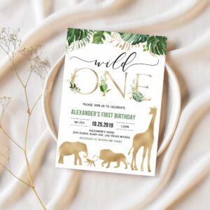 Safari gold birthday invitation editable jungle wild one invitations boy 1st birthday invites 1