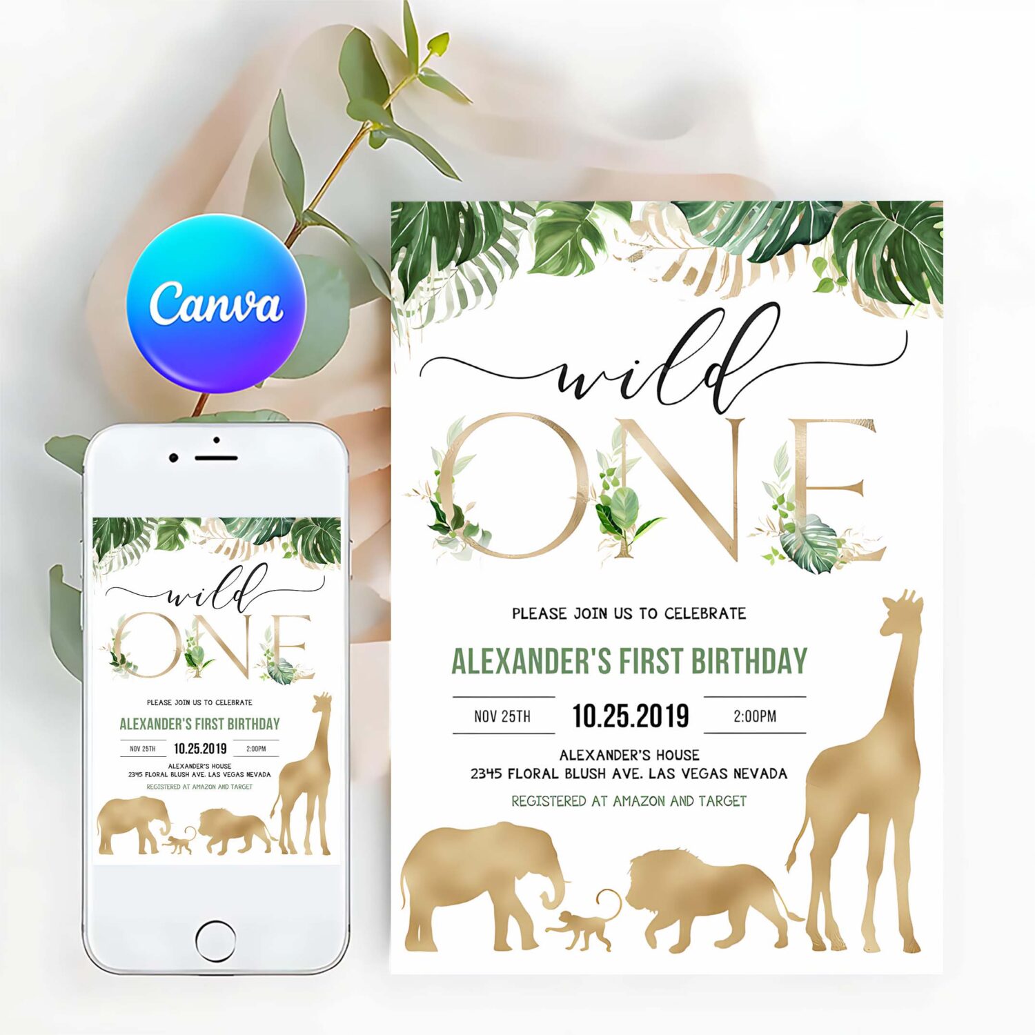 Safari gold birthday invitation editable jungle wild one invitations boy 1st birthday invites