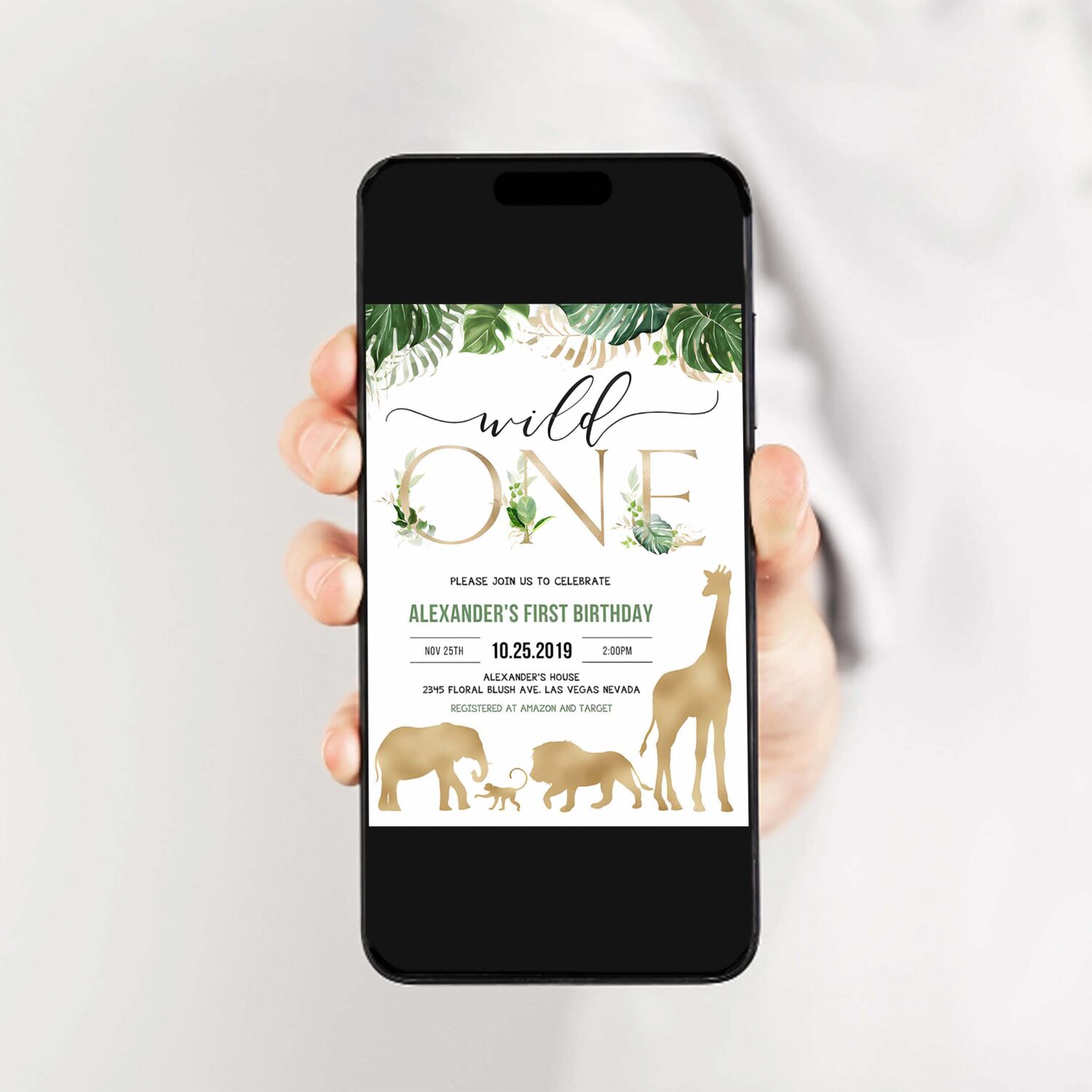 Safari gold birthday invitation editable jungle wild one invitations boy 1st birthday invites 2