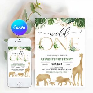 Wild One Invitation, Safari Gold Birthday Invitation, Jungle wild one Invitation, Boy 1st Birthday, Birthday Invitation