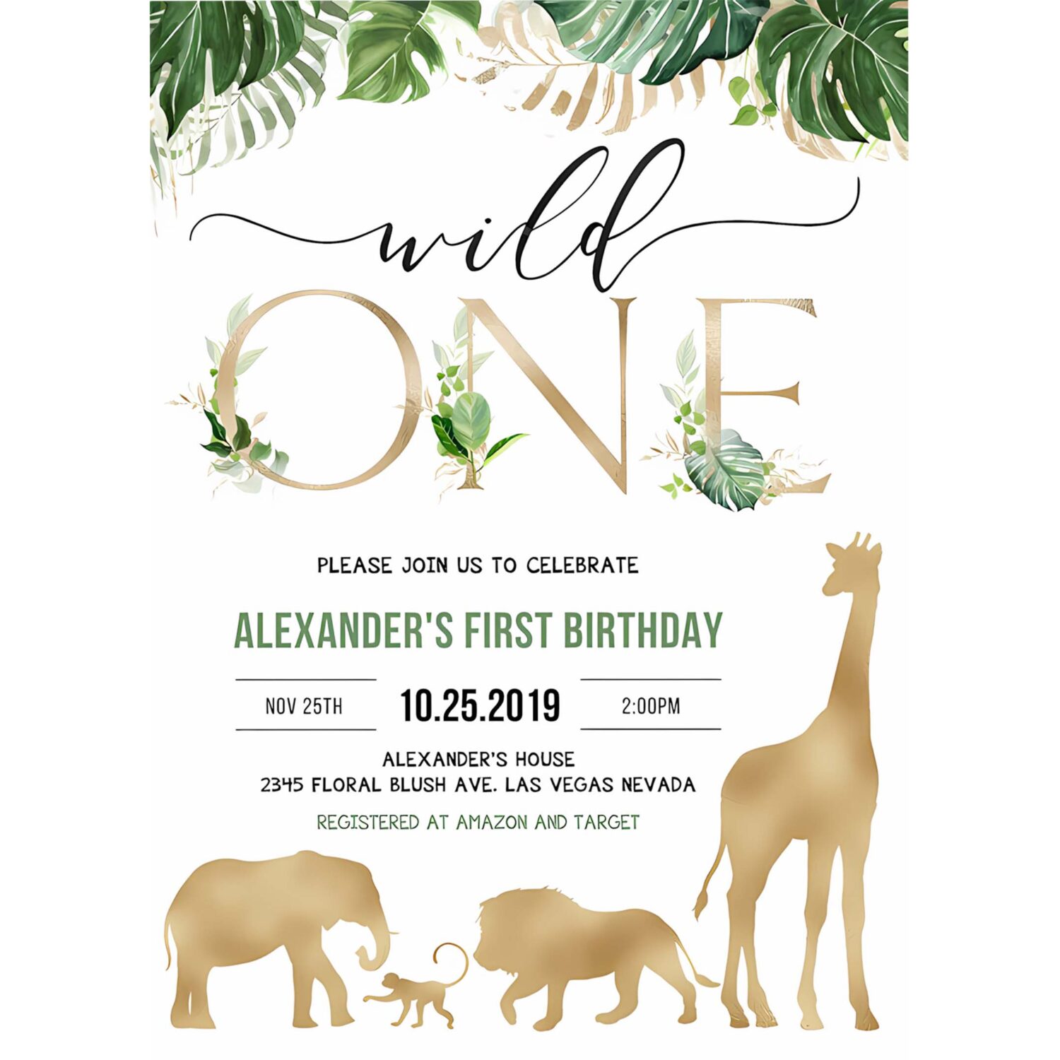 Safari gold birthday invitation editable jungle wild one invitations boy 1st birthday invites 4