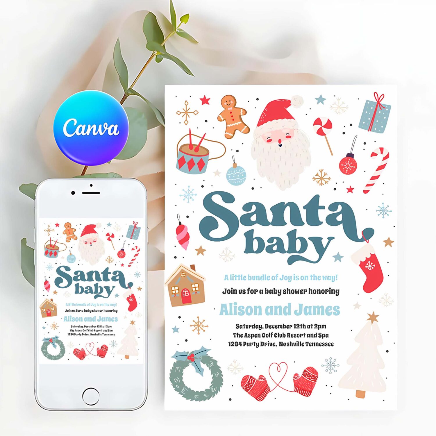 Santa baby blue and red christmas baby shower invitation k88k