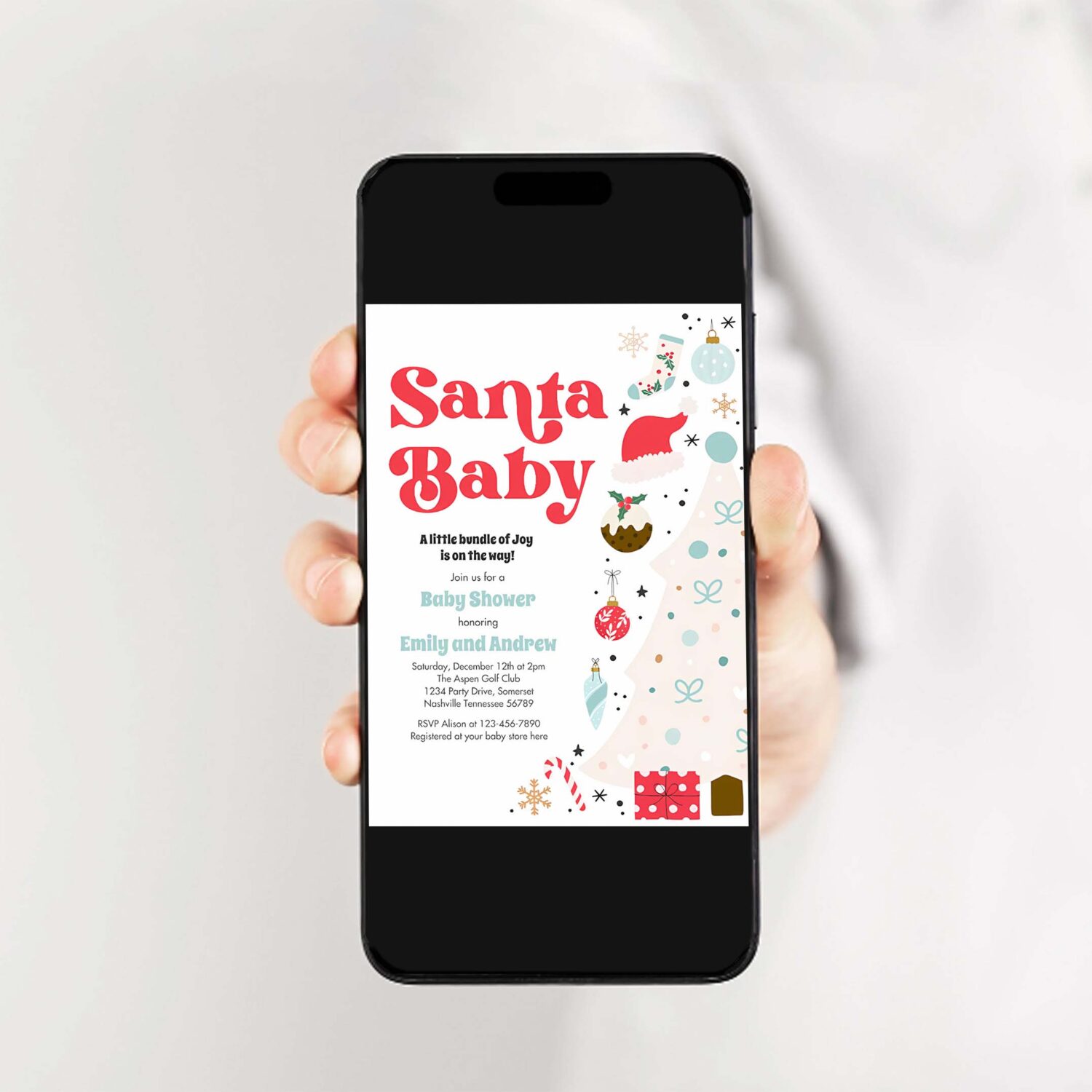 Santa baby red and blue christmas baby shower invitation p83y 2