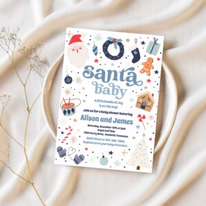 Santa baby red and blue christmas baby shower invitation t76r 1