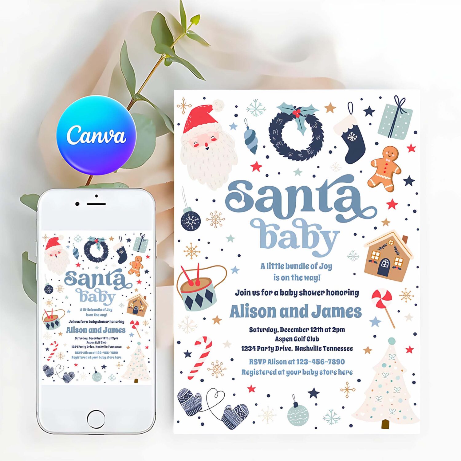 Santa baby red and blue christmas baby shower invitation t76r