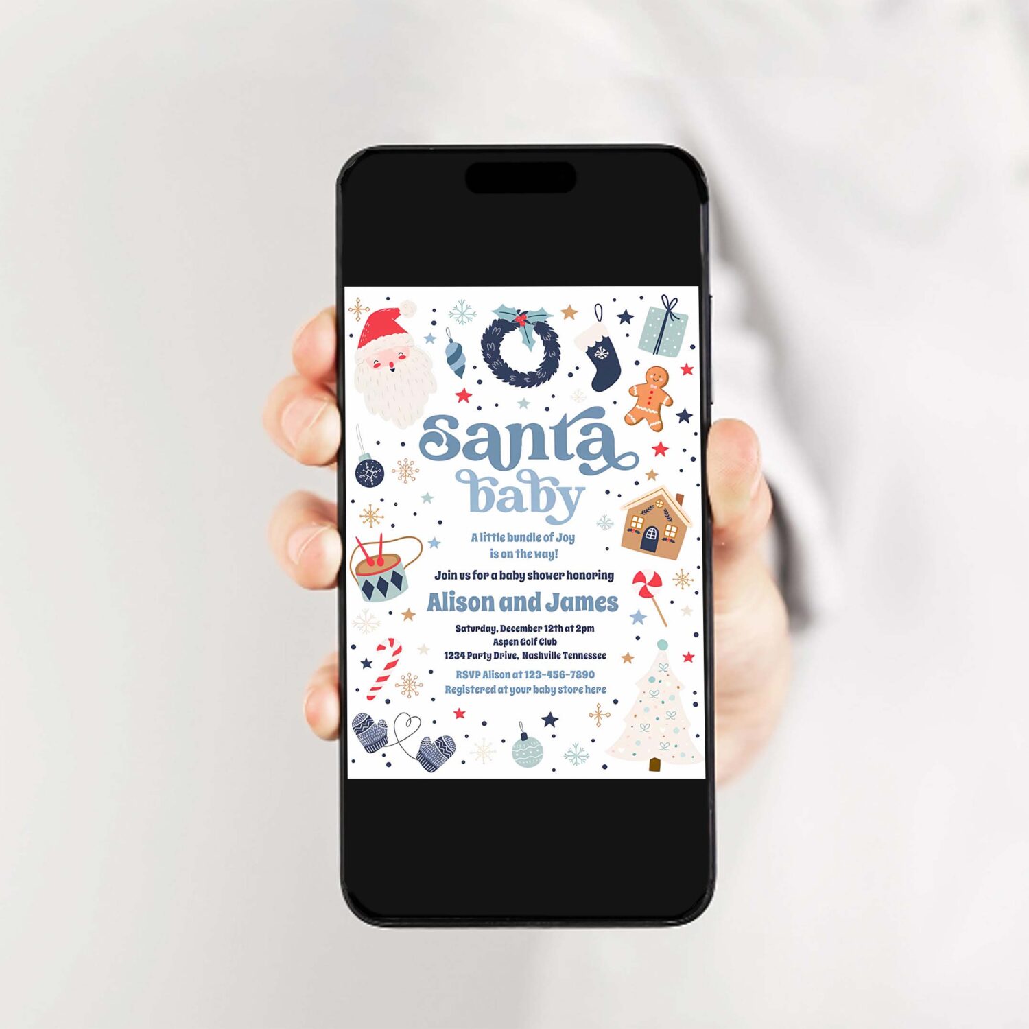 Santa baby red and blue christmas baby shower invitation t76r 2