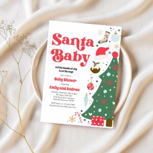 Santa baby red and green christmas baby shower invitation t68d 1