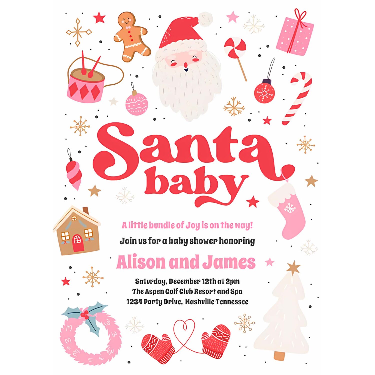 Santa baby red and pink christmas baby shower invitation b89d 4