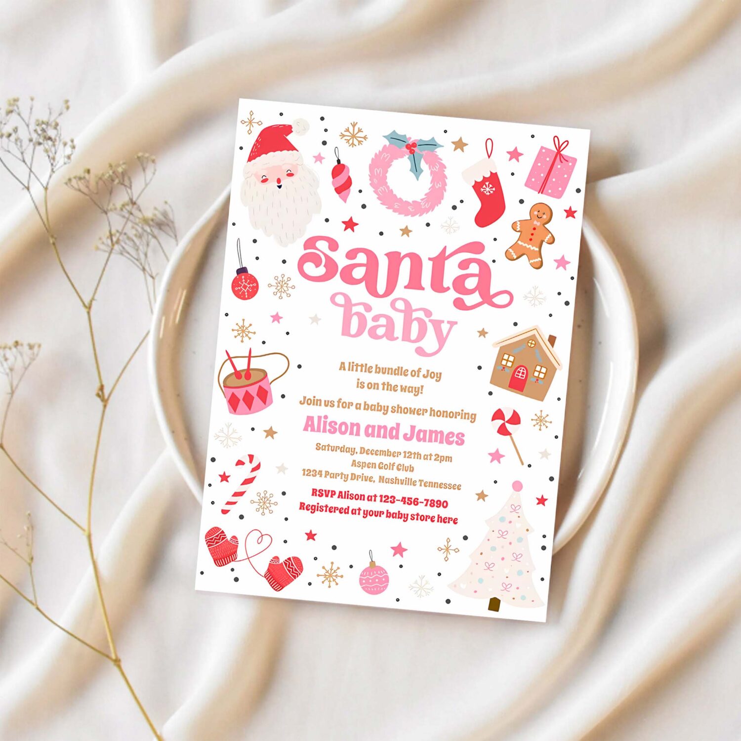 Santa baby red and pink christmas baby shower invitation k30j 1