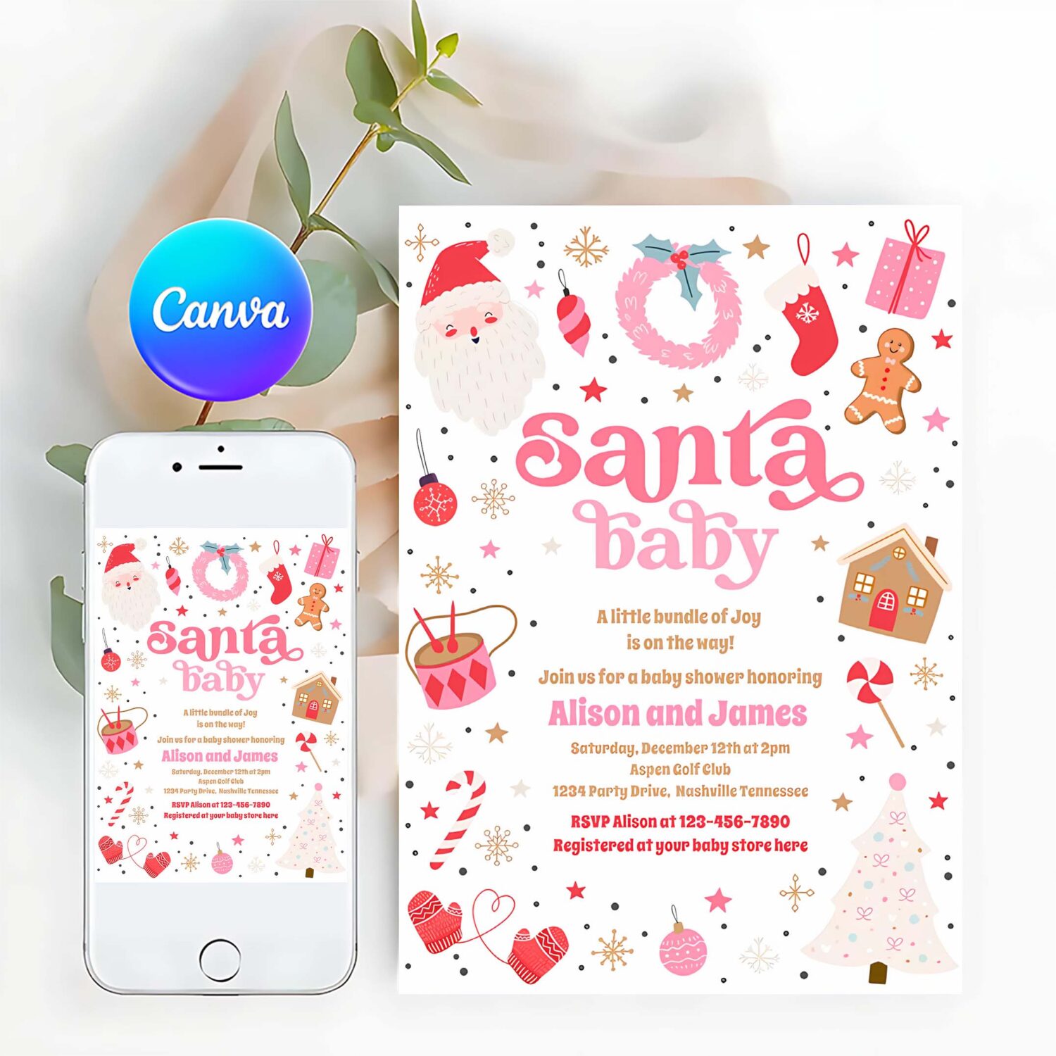 Santa baby red and pink christmas baby shower invitation k30j
