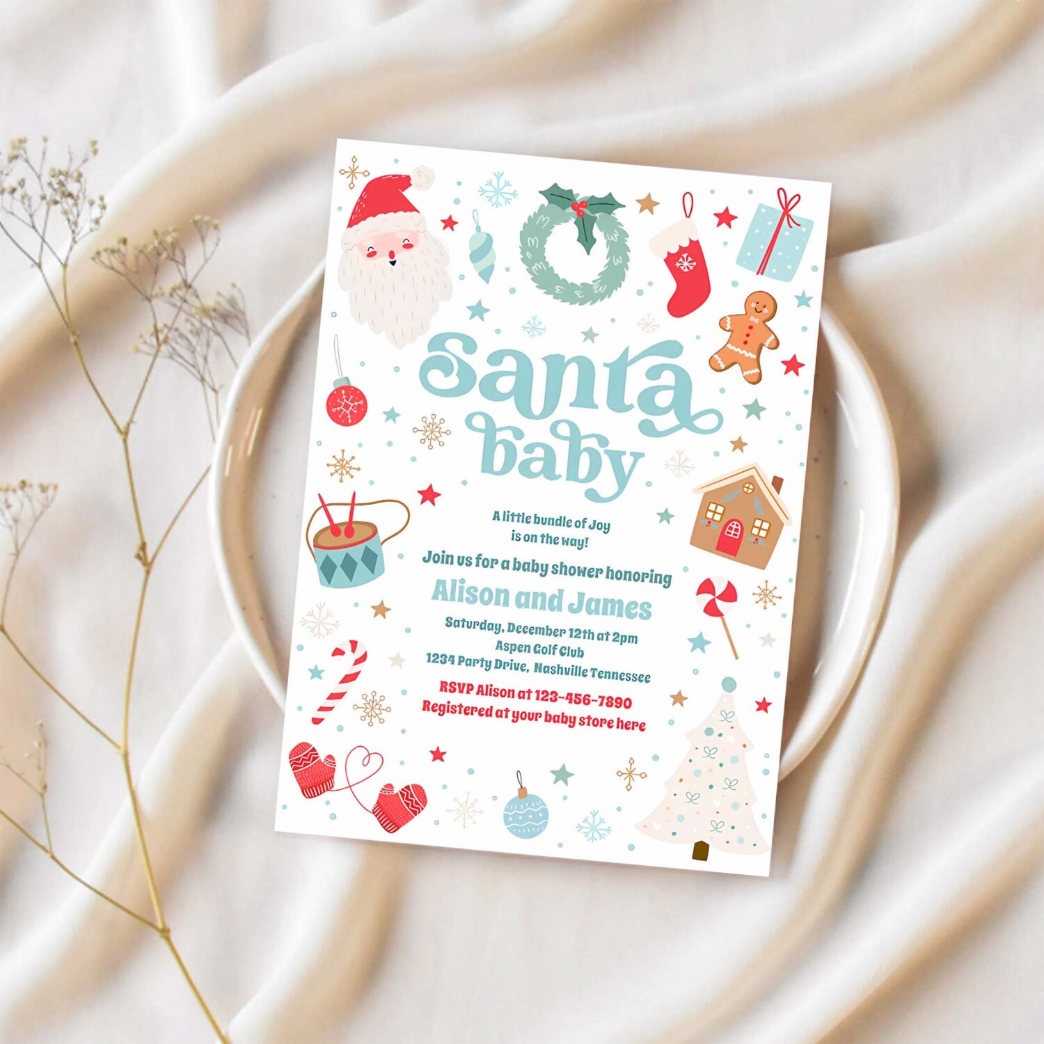 Santa baby traditional christmas baby shower invitation m67u 1