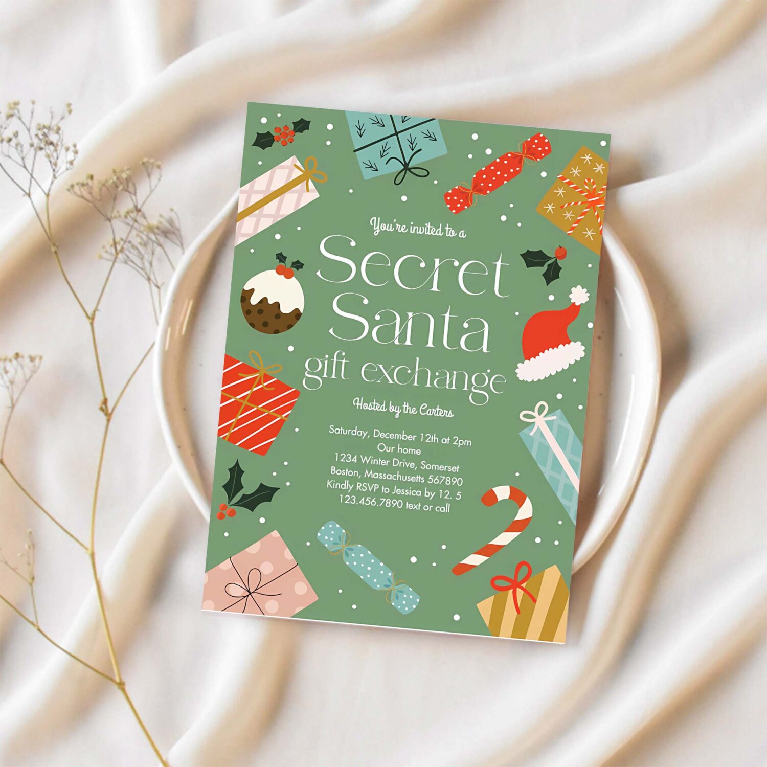 Secret santa gift exchange holiday party invitation e52p 1