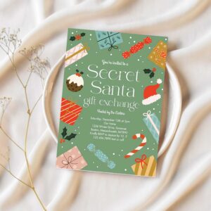 Secret santa gift exchange holiday party invitation e52p 1