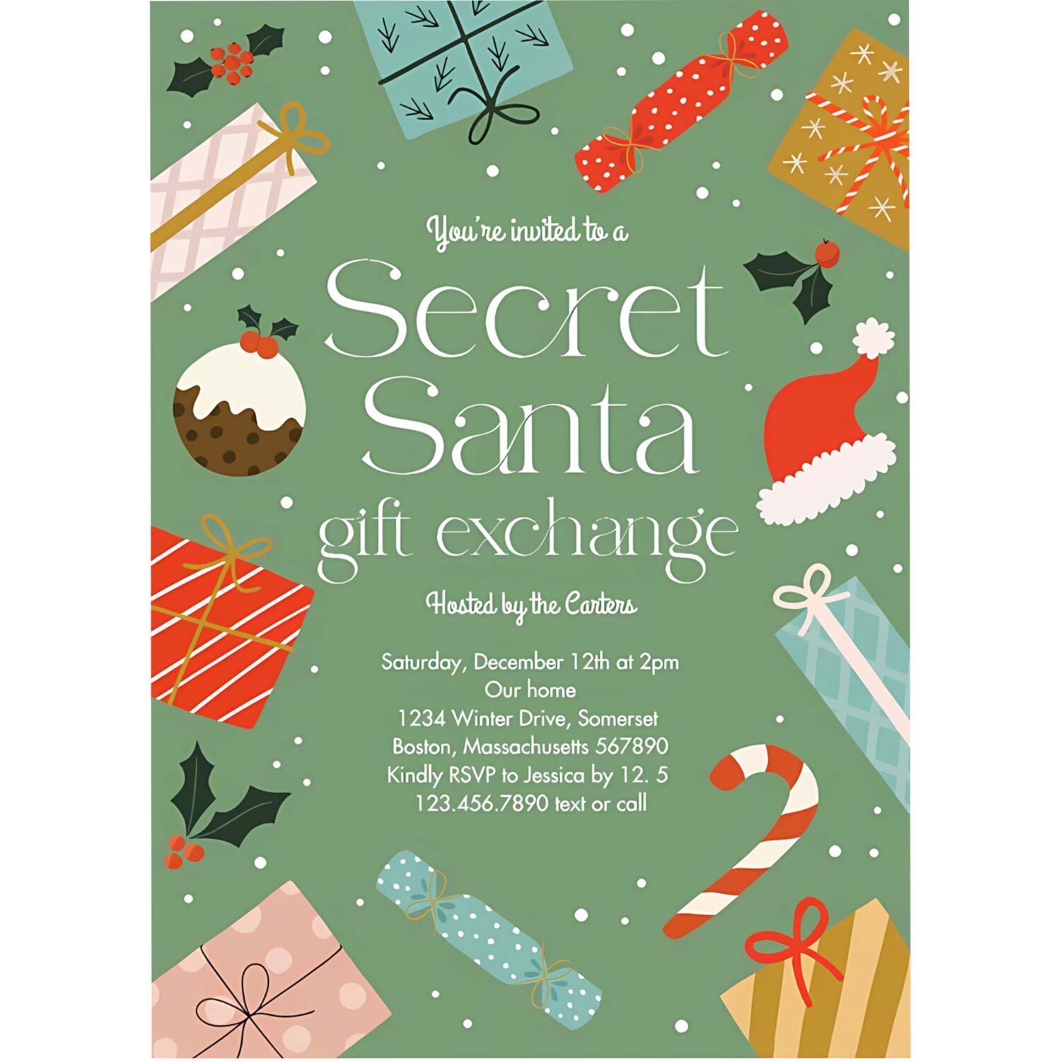 Secret santa gift exchange holiday party invitation e52p 4