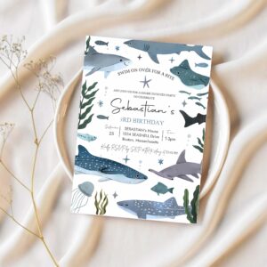 Shark birthday party invitation shark under the sea 1st birthday party sea life 1st birthday party 1