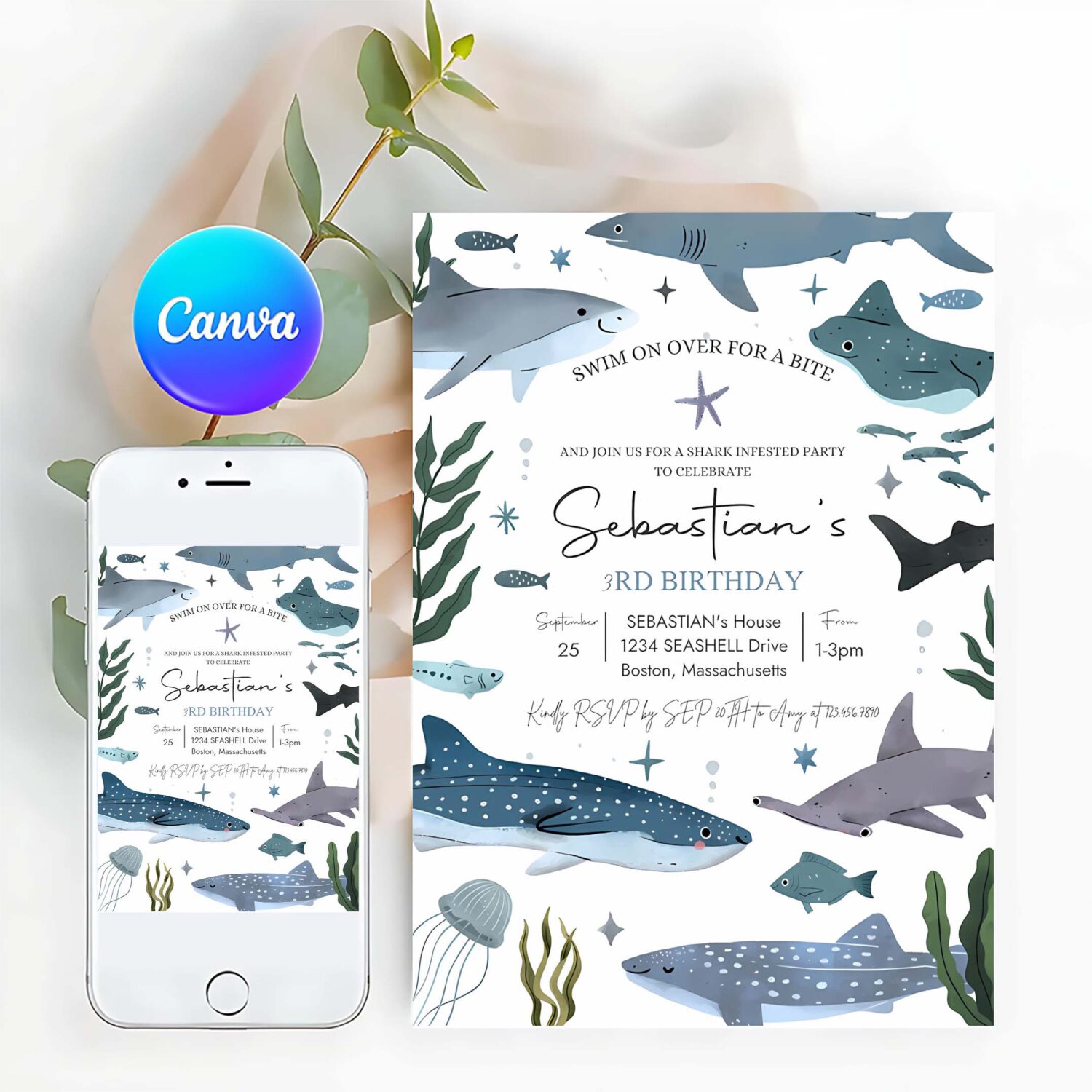 Shark birthday party invitation shark under the sea 1st birthday party sea life 1st birthday party