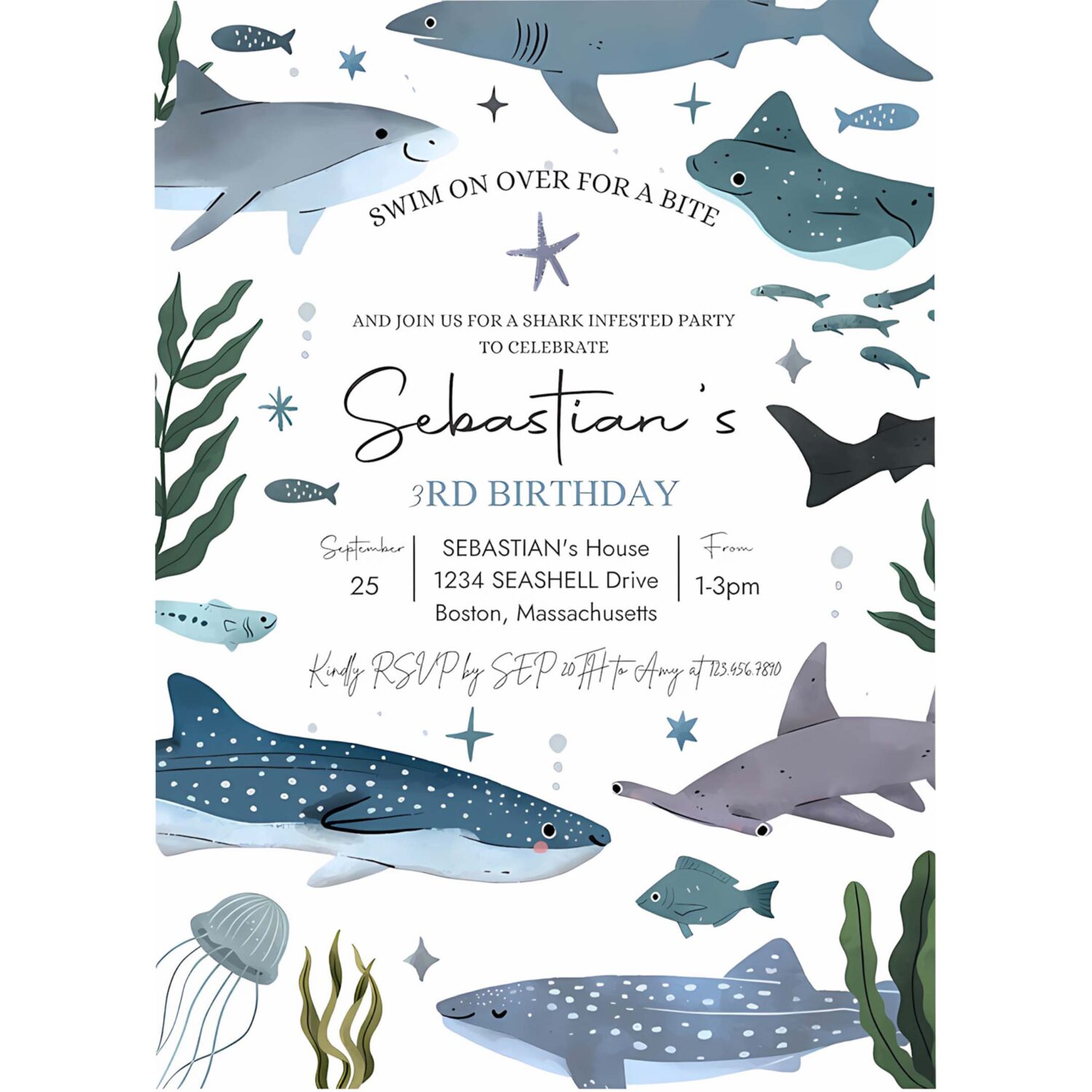 Shark birthday party invitation shark under the sea 1st birthday party sea life 1st birthday party 4