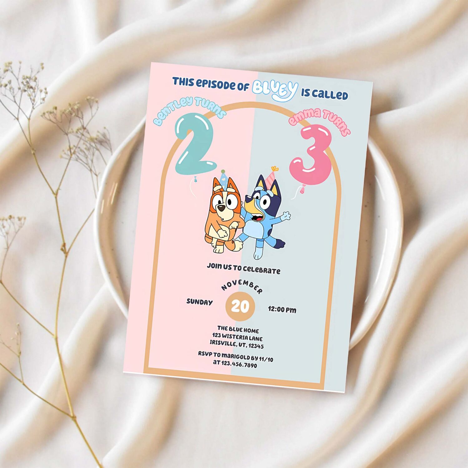 Sibling bluey heeler blue pink party invitation 1