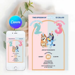 Bluey Invitation, Sibling Bluey Heeler Blue Pink Party Invitation