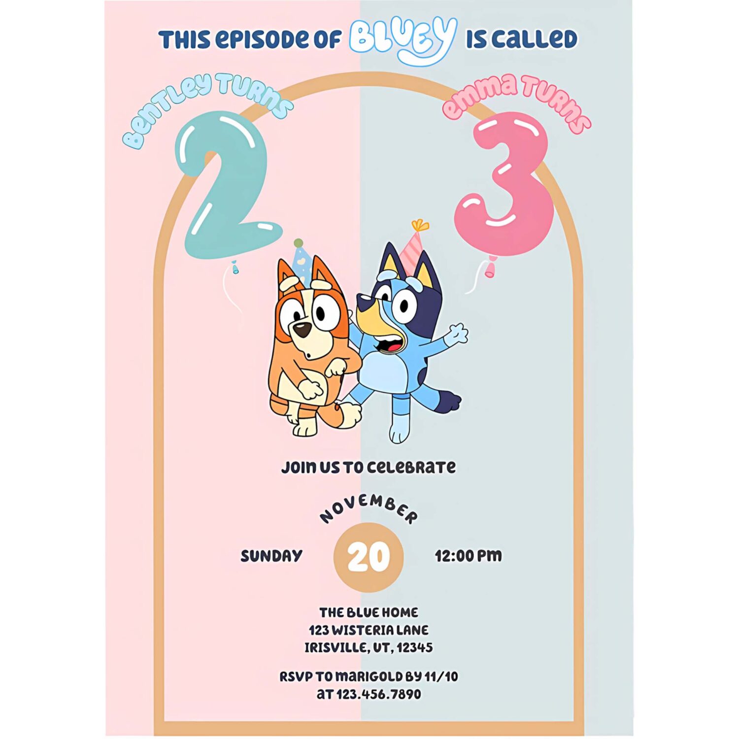 Sibling bluey heeler blue pink party invitation 4