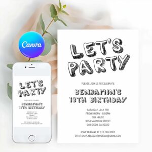 Simple Black and White Birthday Invitation, Template, ANY AGE, Birthday Invitation, for Boys Teens Kids Girl