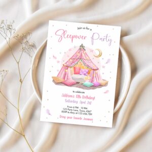 Sleepunder party birthday invitation slumber party invite pink spa tween teen glamping movie 1