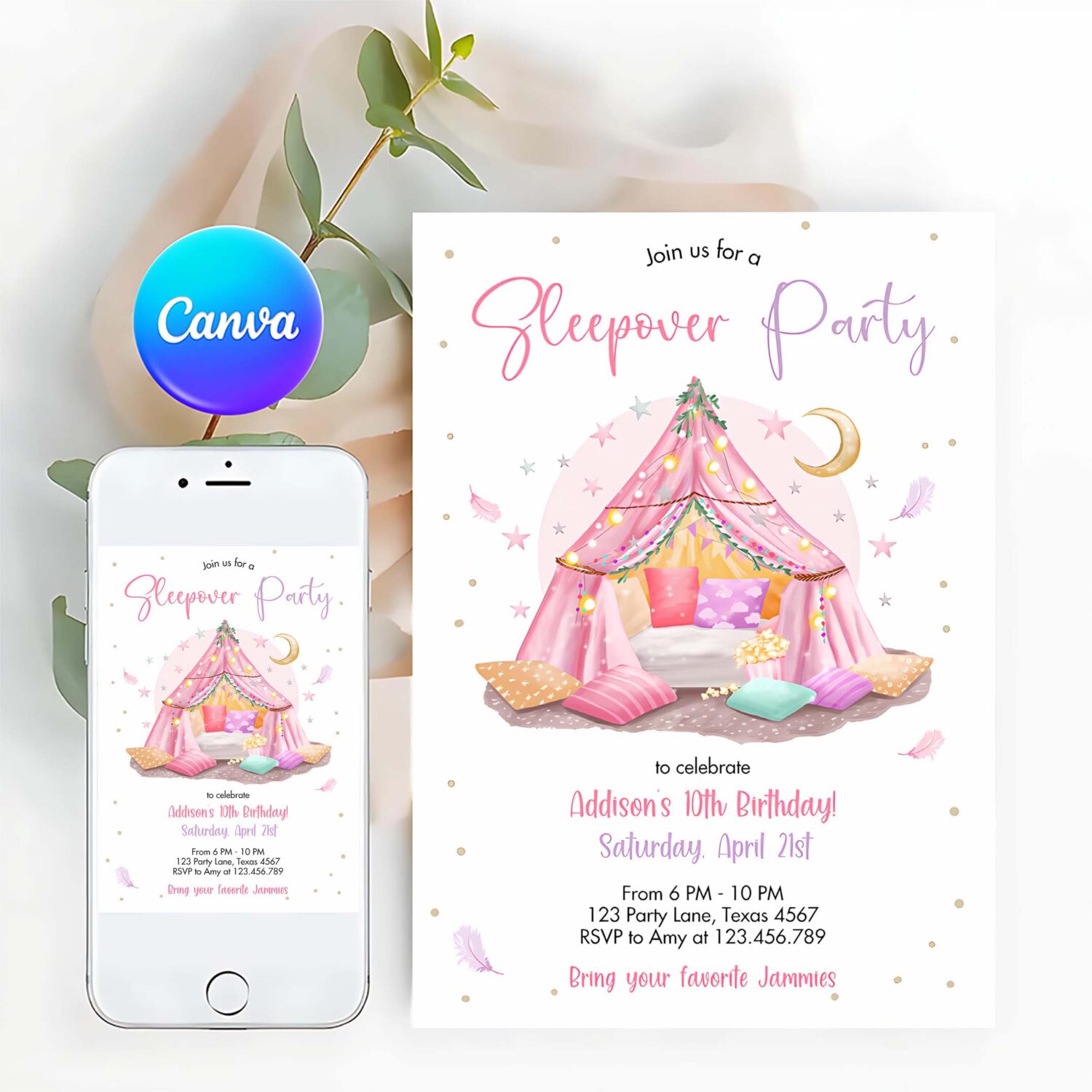 Sleepunder party birthday invitation slumber party invite pink spa tween teen glamping movie