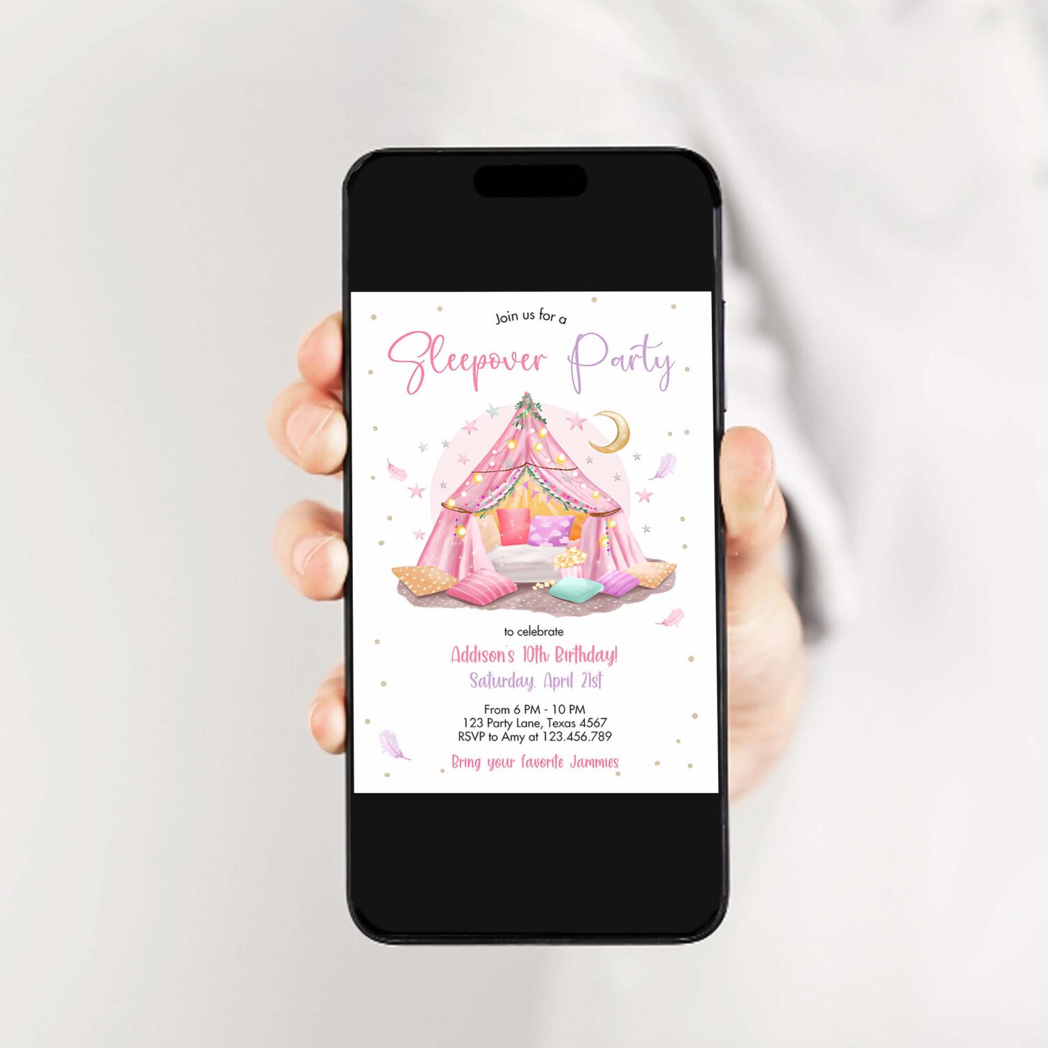 Sleepunder party birthday invitation slumber party invite pink spa tween teen glamping movie 2