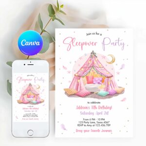 Spa Party Invitation, Sleepunder Party Birthday Invitation, Slumber Party Invite Pink Spa Tween Teen Glamping Movie